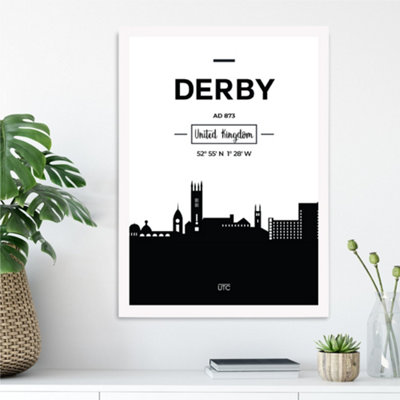 Artze Wall Art Derby Black And White City Skyline Framed Print Size: A3 With White Frame from B&Q