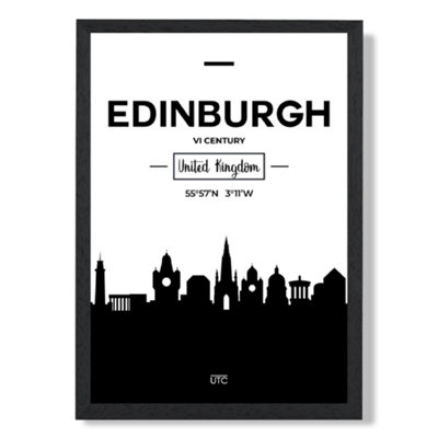 Artze Wall Art Edinburgh Black And White City Skyline Art Print With Black Frame Size: A4 from B&Q