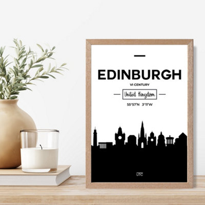 Artze Wall Art Edinburgh Black And White City Skyline Framed Print Size: A4 With Oak Frame from B&Q