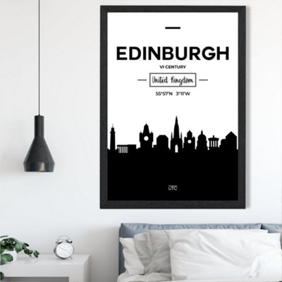 Artze Wall Art Edinburgh Black And White City Skyline Framed Print Size: A2 With Black Frame from B&Q
