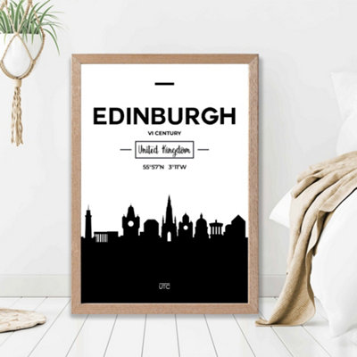 Artze Wall Art Edinburgh Black And White City Skyline Framed Print Size: A2 With Oak Frame from B&Q