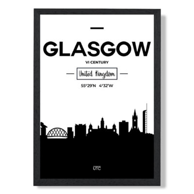 Artze Wall Art Glasgow Black And White City Skyline Art Print With Black Frame Size: A4 from B&Q