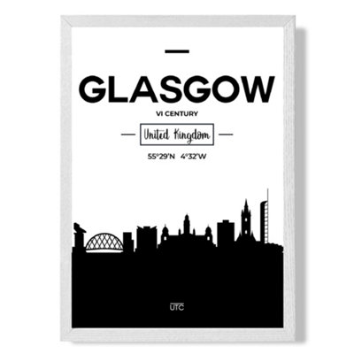 Artze Wall Art Glasgow Black And White City Skyline Art Print With White Frame Size: A4 from B&Q