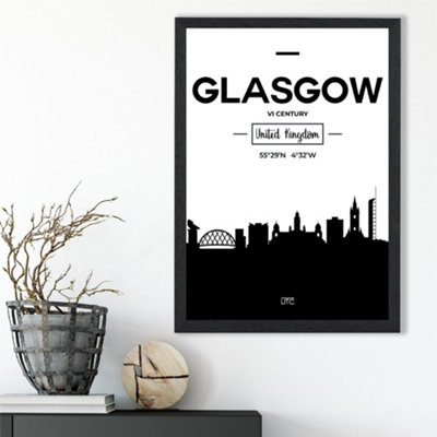 Artze Wall Art Glasgow Black And White City Skyline Framed Print Size: A3 With Black Frame from B&Q