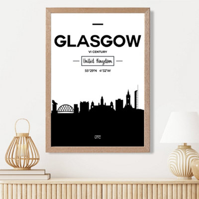 Artze Wall Art Glasgow Black And White City Skyline Framed Print Size: A3 With Oak Frame from B&Q