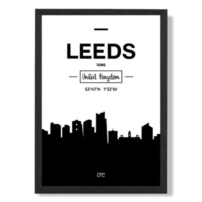 Artze Wall Art Leeds Black And White City Skyline Art Print With Black Frame Size: A4 from B&Q