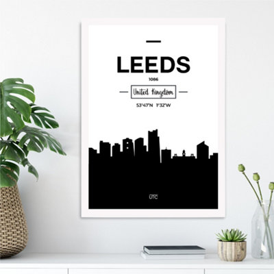 Artze Wall Art Leeds Black And White City Skyline Framed Print Size: A3 With White Frame from B&Q