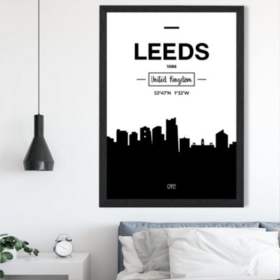 Artze Wall Art Leeds Black And White City Skyline Framed Print Size: A2 With Black Frame from B&Q