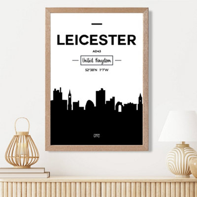 Artze Wall Art Leicester Black And White City Skyline Framed Print Size: A3 With Oak Frame from B&Q