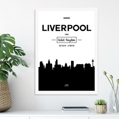 Artze Wall Art Liverpool Black And White City Skyline Framed Print Size: A3 With White Frame from B&Q