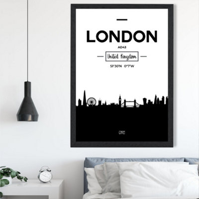 Artze Wall Art London Black And White City Skyline Framed Print Size: A2 With Black Frame from B&Q
