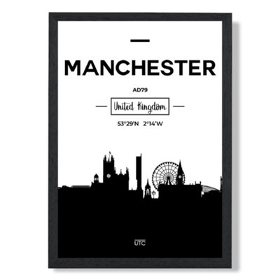 Artze Wall Art Manchester Black And White City Skyline Art Print With Black Frame Size: A4 from B&Q