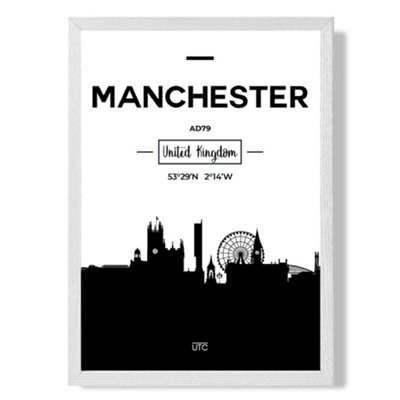 Artze Wall Art Manchester Black And White City Skyline Art Print With White Frame Size: A4 from B&Q