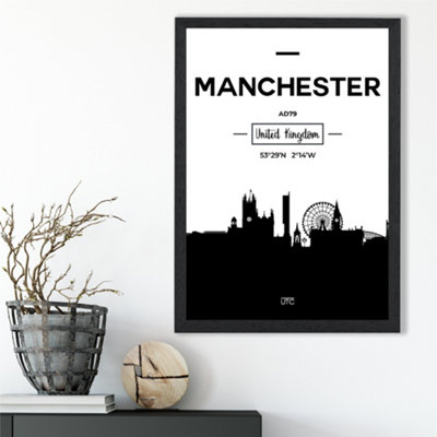 Artze Wall Art Manchester Black And White City Skyline Framed Print Size: A3 With Black Frame from B&Q