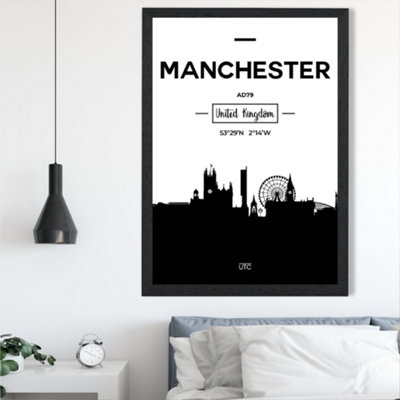Artze Wall Art Manchester Black And White City Skyline Framed Print Size: A2 With Black Frame from B&Q