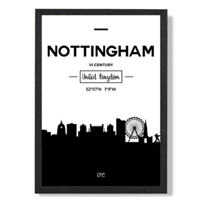 Artze Wall Art Nottingham Black And White City Skyline Art Print With Black Frame Size: A4 from B&Q
