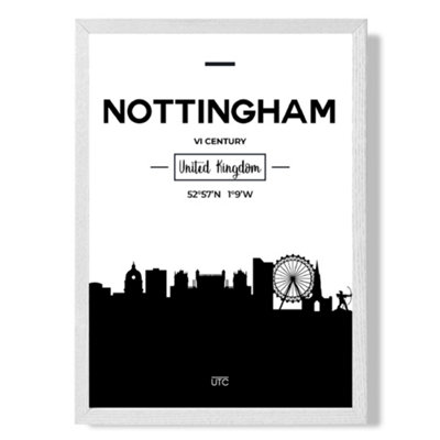 Artze Wall Art Nottingham Black And White City Skyline Art Print With White Frame Size: A4 from B&Q