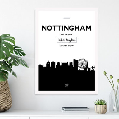 Artze Wall Art Nottingham Black And White City Skyline Framed Print Size: A3 With White Frame from B&Q