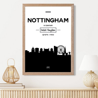Artze Wall Art Nottingham Black And White City Skyline Framed Print Size: A3 With Oak Frame from B&Q