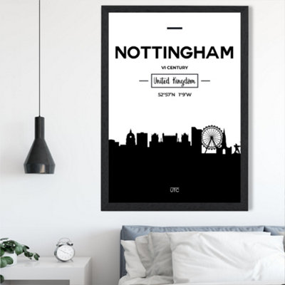 Artze Wall Art Nottingham Black And White City Skyline Framed Print Size: A2 With Black Frame from B&Q