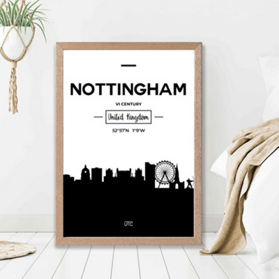 Artze Wall Art Nottingham Black And White City Skyline Framed Print Size: A2 With Oak Frame from B&Q