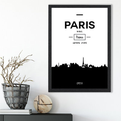 Artze Wall Art Paris Black And White City Skyline Framed Print Size: A3 With Black Frame from B&Q