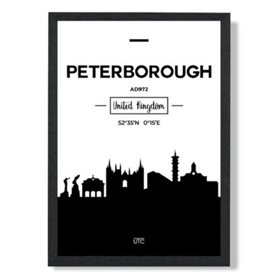 Artze Wall Art Peterborough Black And White City Skyline Art Print With Black Frame Size: A4 from B&Q