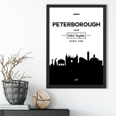 Artze Wall Art Peterborough Black And White City Skyline Framed Print Size: A3 With Black Frame from B&Q