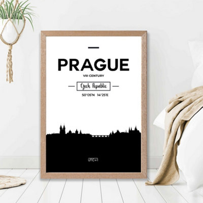 Artze Wall Art Prague Black And White City Skyline Framed Print Size: A2 With Oak Frame from B&Q