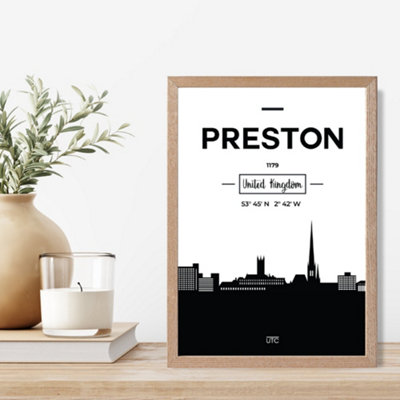 Artze Wall Art Preston Black And White City Skyline Framed Print Size: A4 With Oak Frame from B&Q