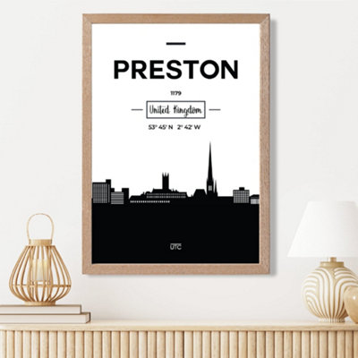 Artze Wall Art Preston Black And White City Skyline Framed Print Size: A3 With Oak Frame from B&Q