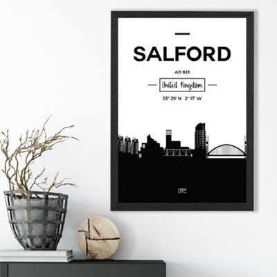 Artze Wall Art Salford Black And White City Skyline Framed Print Size: A3 With Black Frame from B&Q
