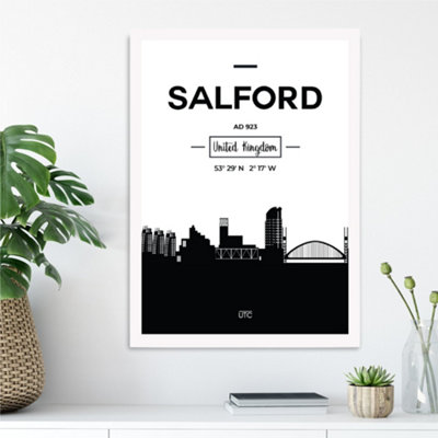 Artze Wall Art Salford Black And White City Skyline Framed Print Size: A3 With White Frame from B&Q