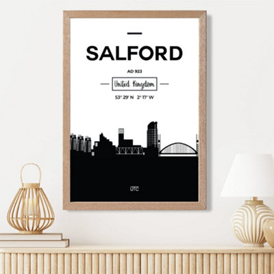 Artze Wall Art Salford Black And White City Skyline Framed Print Size: A3 With Oak Frame from B&Q