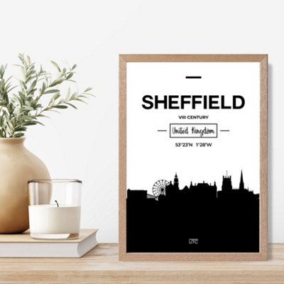 Artze Wall Art Sheffield Black And White City Skyline Framed Print Size: A4 With Oak Frame from B&Q
