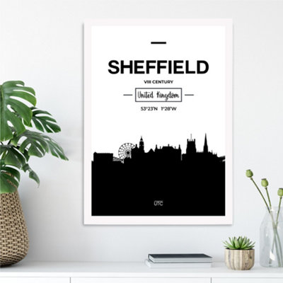 Artze Wall Art Sheffield Black And White City Skyline Framed Print Size: A3 With White Frame from B&Q