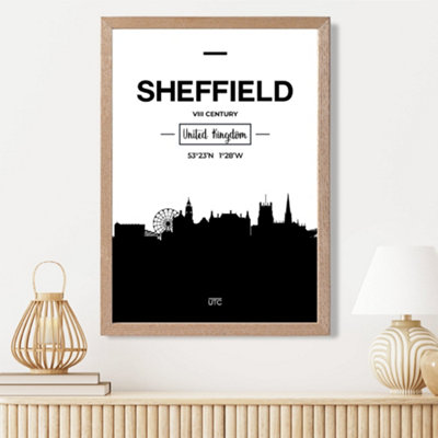 Artze Wall Art Sheffield Black And White City Skyline Framed Print Size: A3 With Oak Frame from B&Q