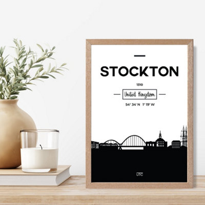 Artze Wall Art Stockton Black And White City Skyline Framed Print Size: A4 With Oak Frame from B&Q