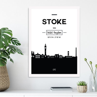 Artze Wall Art Stoke Black And White City Skyline Framed Print Size: A3 With White Frame from B&Q
