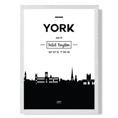 Artze Wall Art York Black And White City Skyline Art Print With White Frame Size: A4 from B&Q