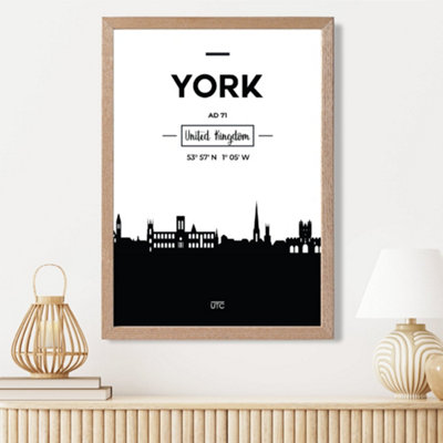 Artze Wall Art York Black And White City Skyline Framed Print Size: A3 With Oak Frame from B&Q