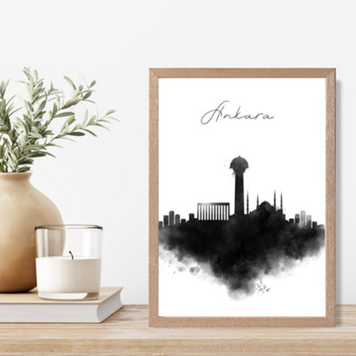 Artze Wall Art Ankara Watercolour Skyline City Framed Print Size: A4 With Oak Frame from B&Q