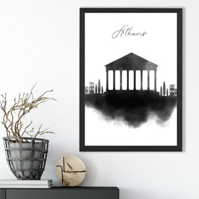 Artze Wall Art Athens Watercolour Skyline City Framed Print Size: A3 With Black Frame from B&Q