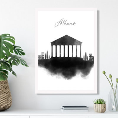 Artze Wall Art Athens Watercolour Skyline City Framed Print Size: A3 With White Frame from B&Q
