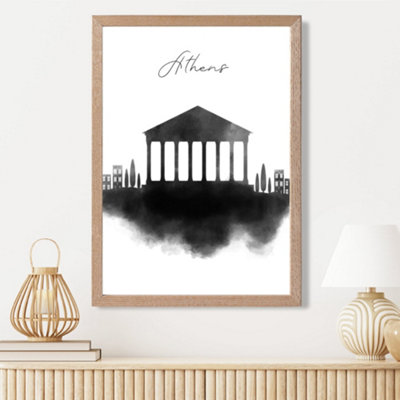 Artze Wall Art Athens Watercolour Skyline City Framed Print Size: A3 With Oak Frame from B&Q