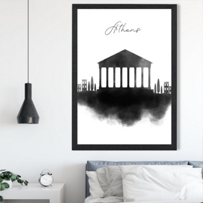 Artze Wall Art Athens Watercolour Skyline City Framed Print Size: A2 With Black Frame from B&Q