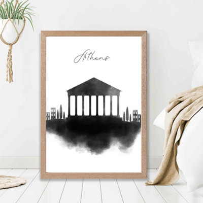 Artze Wall Art Athens Watercolour Skyline City Framed Print Size: A2 With Oak Frame from B&Q