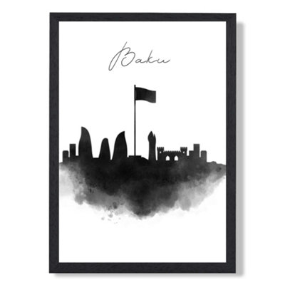 Artze Wall Art Baku Watercolour Skyline City Art Print With Black Frame Size: A4
