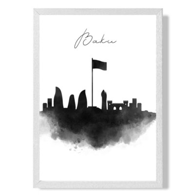 Artze Wall Art Baku Watercolour Skyline City Art Print With White Frame Size: A4