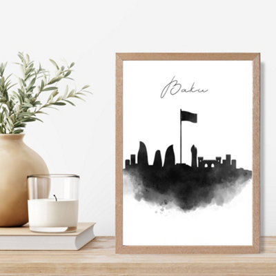 Artze Wall Art Baku Watercolour Skyline City Framed Print Size: A4 With Oak Frame from B&Q